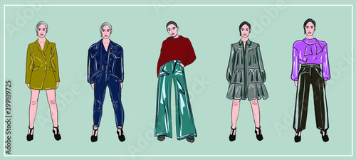 Girls in fashionable clothes in different looks. Pose, model. Clothing store. A set of different items of clothing, shoes, bags, accessories. Vector isolated images.