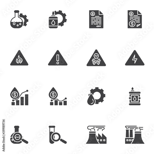 Oil industry related vector icons set, modern solid symbol collection, filled style pictogram pack. Signs logo illustration. Set includes icons as refinery factory, oil price statistic, business graph