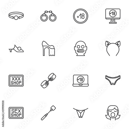 Sex shop toys line icons set, outline vector symbol collection, linear style pictogram pack. Signs, logo illustration. Set includes icons as adult age, collar, handcuffs, face mask, shoes