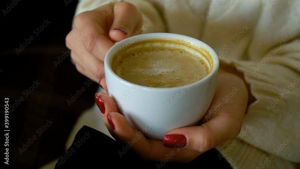 Cup with cappuccino in female hands