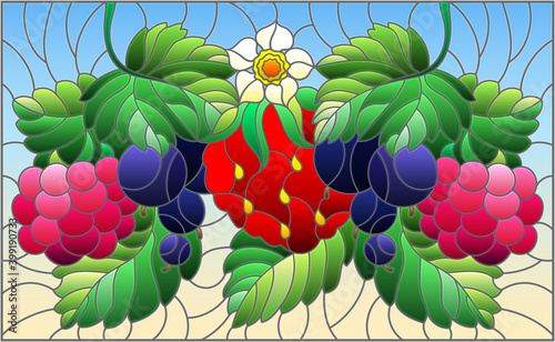 Illustration in stained glass style with ripe berries and leaves on a blue background, horizontal orientation