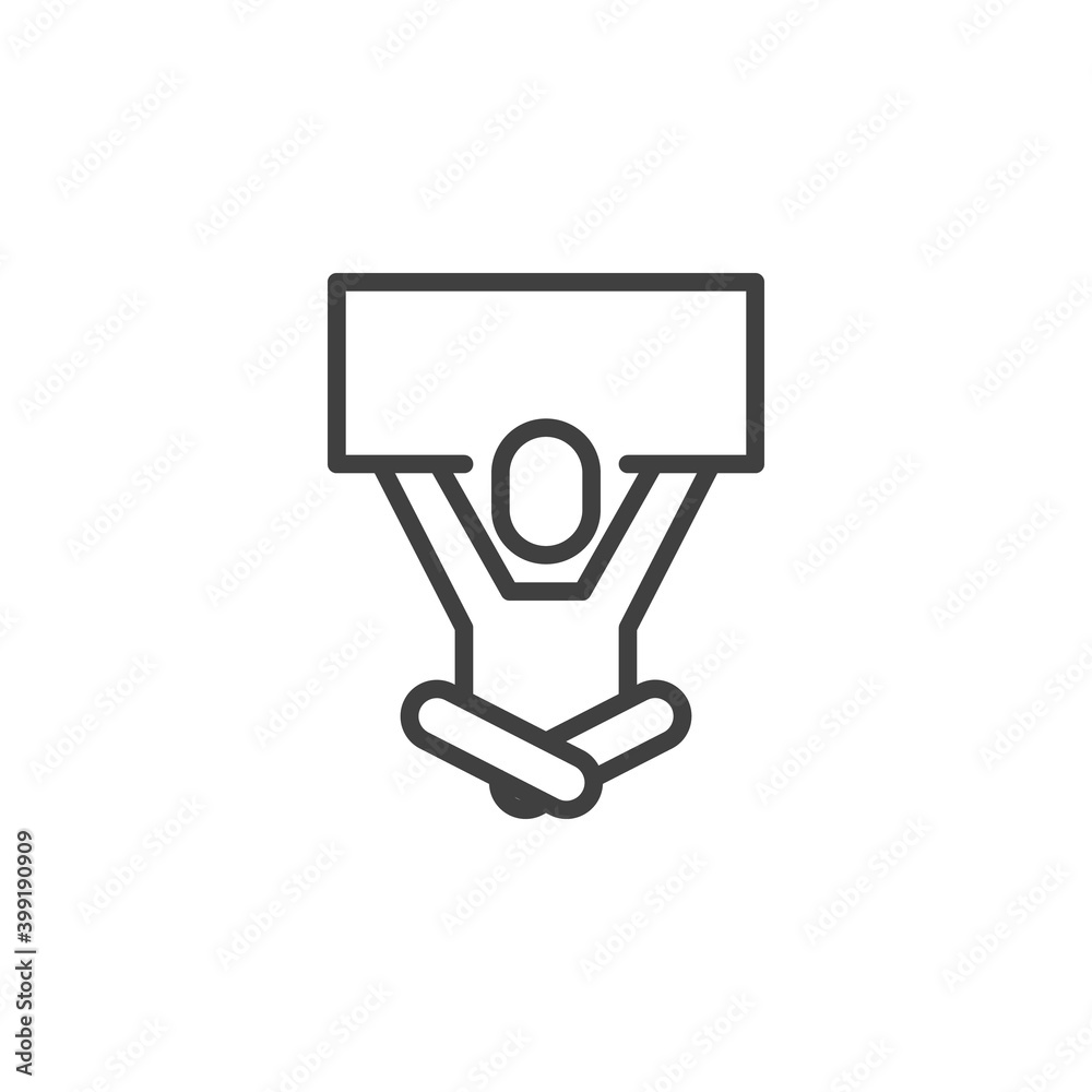Man protests with a poster line icon. linear style sign for mobile concept and web design. Sitting man with raised placard outline vector icon. Symbol, logo illustration. Vector graphics Man protests with a poster line icon. linear style sign for mobile concept and web design. Sitting man with raised placard outline vector icon. Symbol, logo illustration. Vector graphics