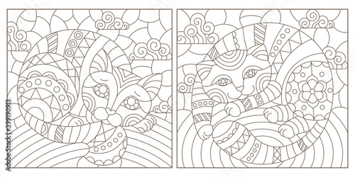 Set of outline illustrations in the style of stained glass with abstract cats , dark outlines on white background, rectangular images