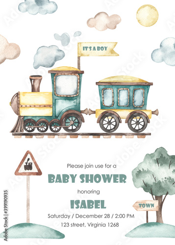 Watercolor baby shower with cute cartoon train sideways on rails with railway sign and tree
