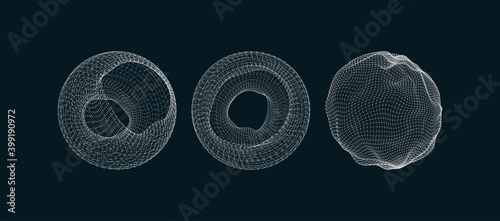 Wireframe object with lines and dots. Abstract 3D connection structure. Geometric shape for design. Molecular grid. Vector.