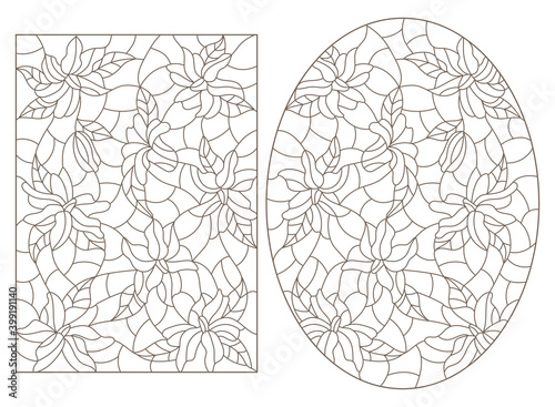 Set of contour illustrations of stained glass Windows with abstract intertwined flowers, dark outlines on a white background