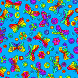 Seamless pattern with bright stained glass butterflies and flowers, moths on a blue background