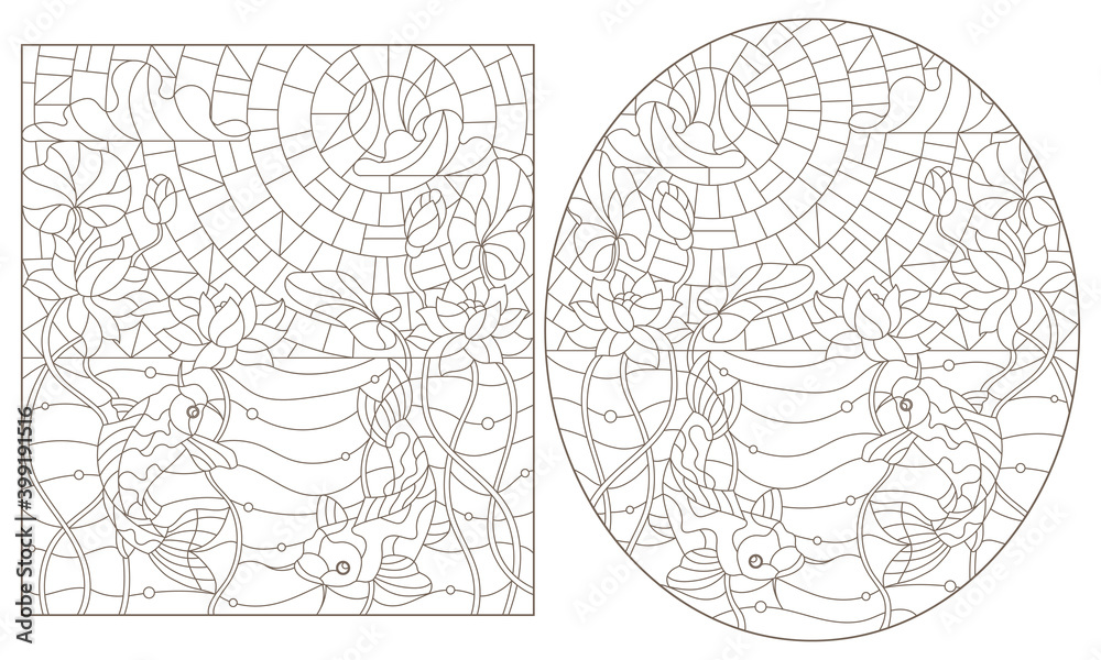 Set of contour illustrations in stained glass style with a pair of koi carp and Lotus flowers on a background of water and a Sunny sky, dark contours on a white background