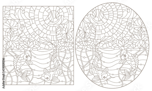 Set of contour illustrations in stained glass style with a pair of koi carp and Lotus flowers on a background of water and a Sunny sky, dark contours on a white background