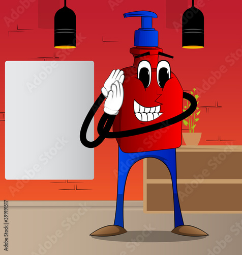 Cartoon bottle of hand sanitizer gel for hygiene with face holds both hand at his ear, listening.