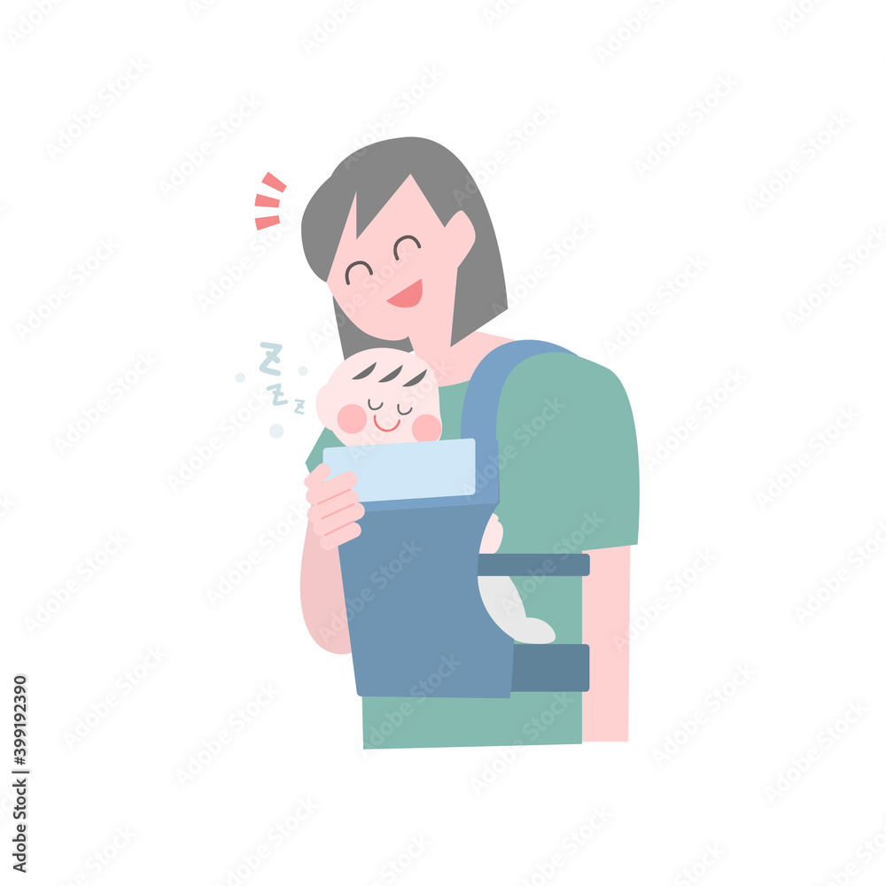 赤ちゃんを抱っこ紐を使ってだっこするお母さんイラスト素材 赤ちゃんを抱っこ紐を使ってだっこするお母さんイラスト素材