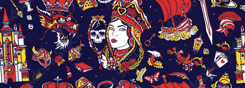 Fairy tales old school tattoo seamless pattern. Medieval castle, queen in the golden, crown, dragon, knight, sword and princess frog. Middle Ages magic legends art. Fantasy tattooing style background