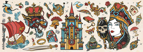 Fairy tales old school tattoo vector collection. Medieval castle, queen in the golden, crown, dragon, knight, viking boat, sword and princess frog. Middle Ages magic legends. Fantasy tattooing style