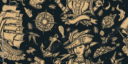 Pirate, vintage seamless pattern. Caribbean robbers. Traditional tattooing retro style. Sea adventure background. Ship in storm, captain girl filibuster, compass, anchor, treasure island, swallows