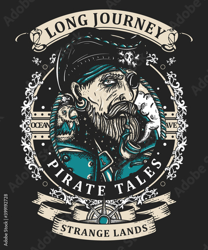 Old pirate captain smocking pipe. Symbol of ocean adventure, treasure island. Elderly sea wolf, parrot, compass, swallows and black cats. Old school tattoo vintage style. Marine t-shirt art