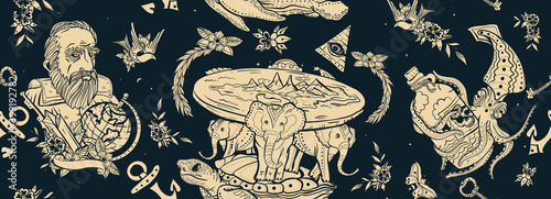Flat Earth theory. Traditional old school tattoo background. Vintage seamless pattern. Education funny art. Turtle and three elephants. Octopus kraken and Galileo scientist