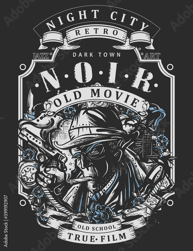 Noir detective. Dark crime retro  art. Retro gangster. Boss of mafia. T-shirt design. Portrait police inspector and night city. Old movie style