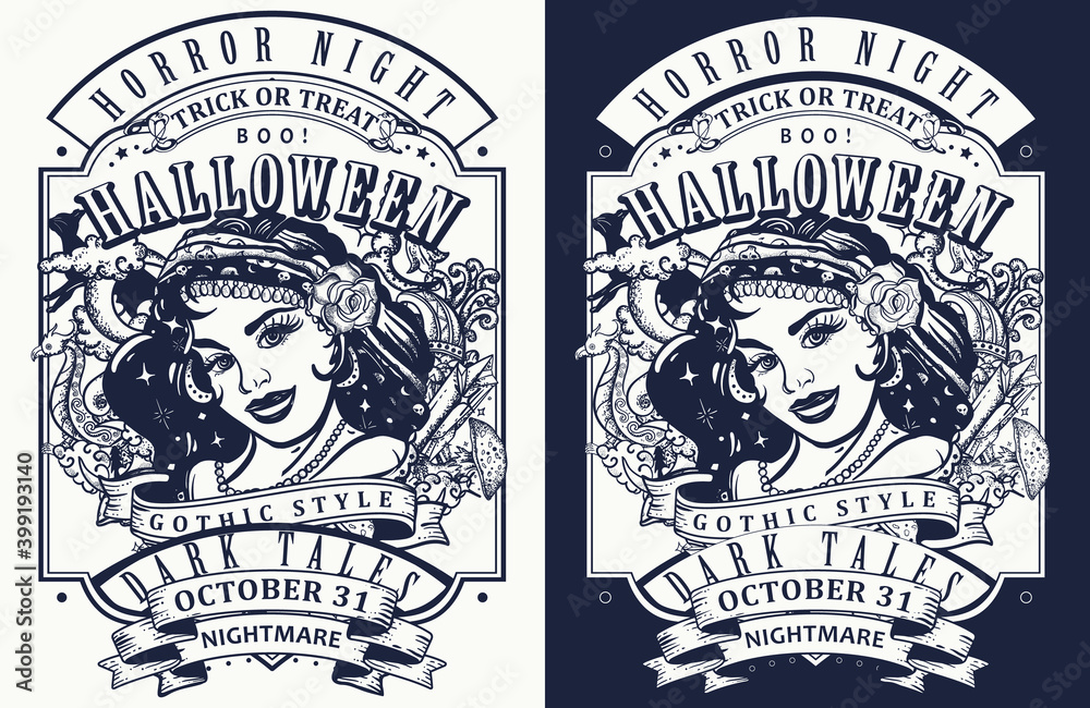 Obraz premium Witch woman portrait. One color vector illustration. Fortune teller with crystal ball. Dark fairy tale art. Old school tattoo style. Halloween concept. Template for clothes, t-shirt design