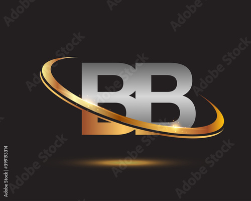 initial letter BB logotype company name colored gold and silver swoosh design. isolated on black background.