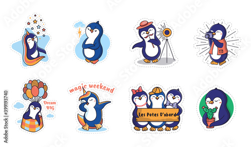 The set of funny penguins. Collection of cartoonish animals with lettering