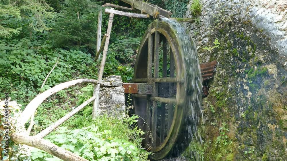 Spinning Old Mill Wheel, lateral view, UHD Spinning Old Mill Wheel, lateral view, UHD