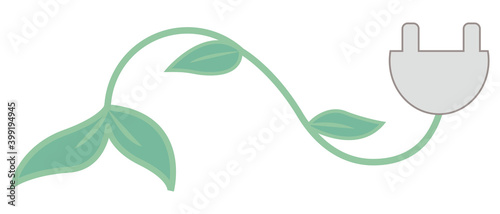 electric plug, energy saving, vector icon icon in flat style, green leaf, ecology, concept