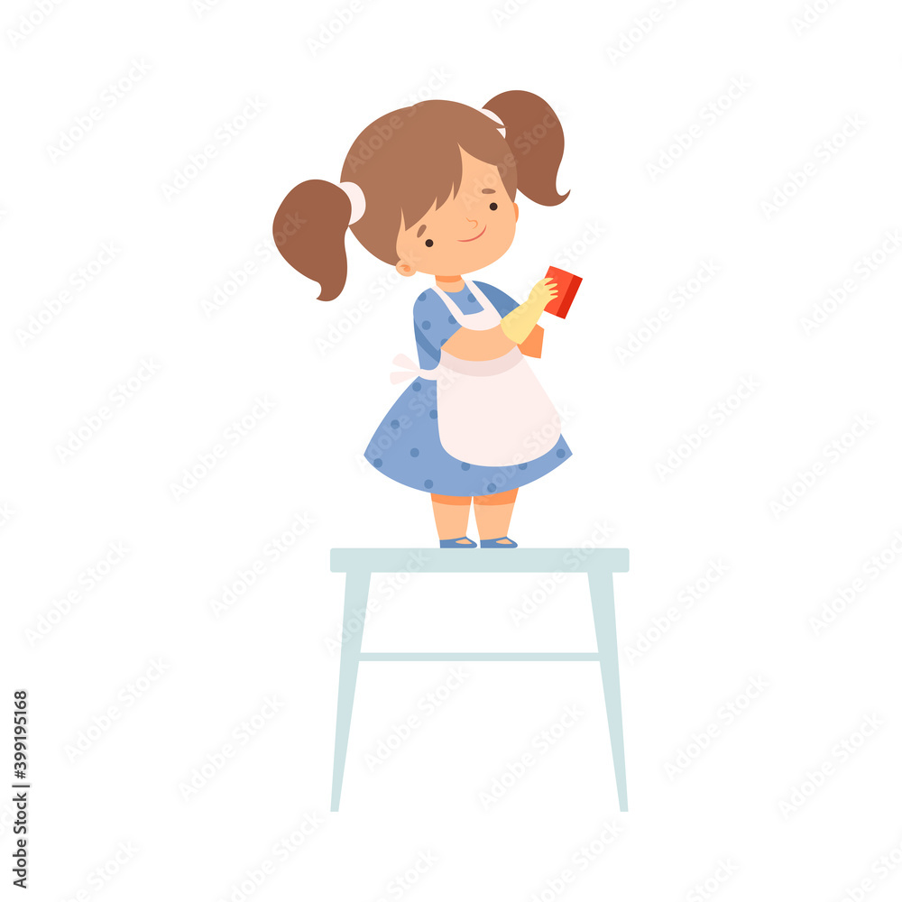 Cute Little Girl in Apron Standing on Chair with Rag Helping to Clean House Cartoon Style Vector Illustration Cute Little Girl in Apron Standing on Chair with Rag Helping to Clean House Cartoon Style Vector Illustration