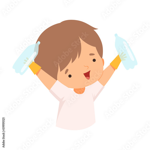 Cute Boy Collecting Plastic Wastes, Child Picking Up Trash for Recycling, Kid Helping Save the World Cartoon Style Vector Illustration