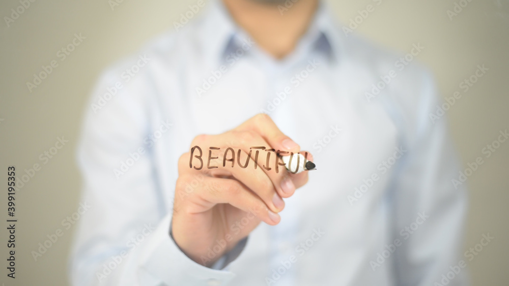 Beautiful , man writing on transparent screen Beautiful , man writing on transparent screen