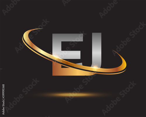 initial letter EJ logotype company name colored gold and silver swoosh design. isolated on black background.