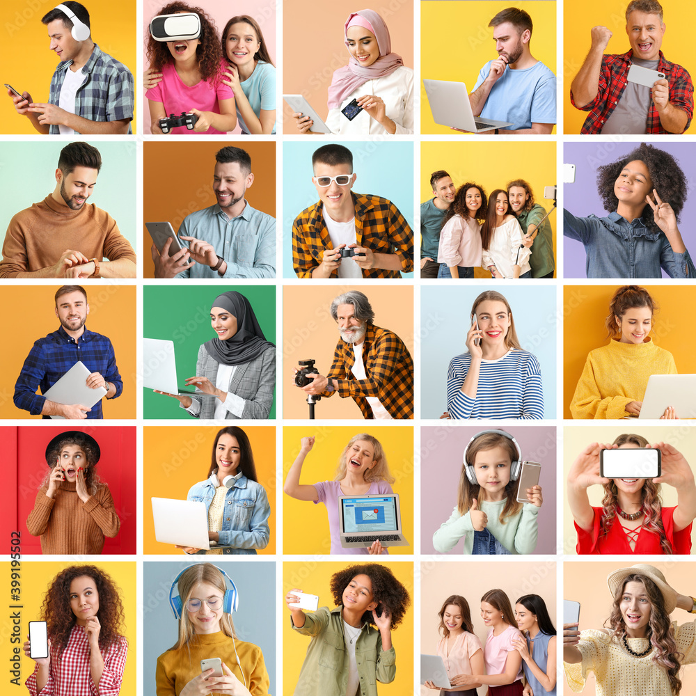 Collage of photos with different people using devices on color background Collage of photos with different people using devices on color background