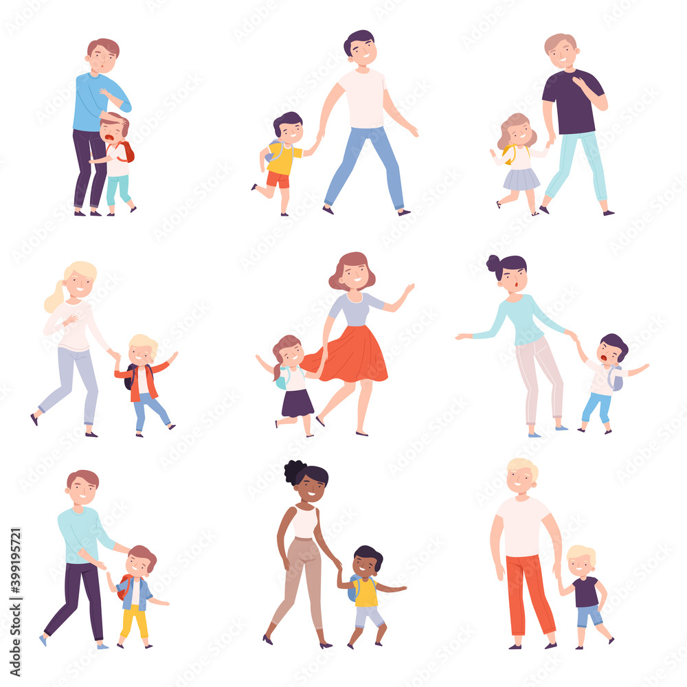 Parents Taking Their Children to Lessons Set, Parents Accompanying Their Kids to School or Kindergarten Cartoon Style Vector Illustration