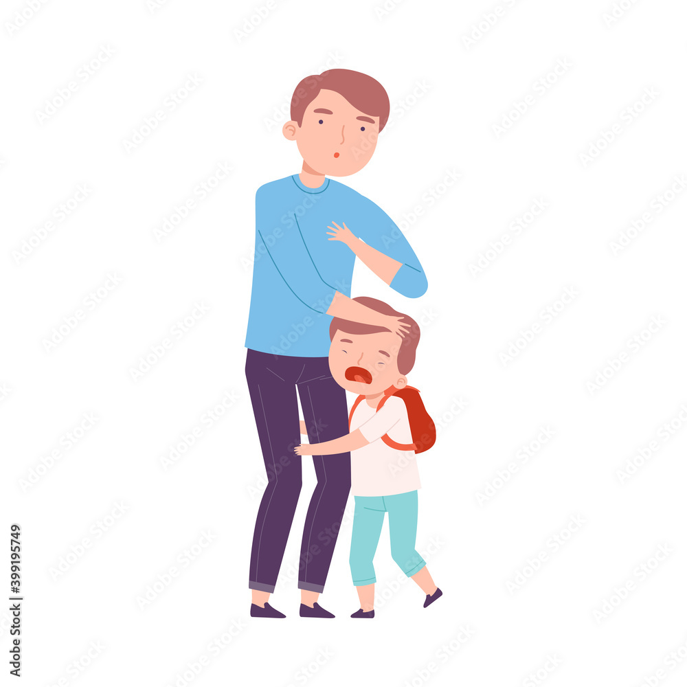 Father Accompanying his Crying Son to School or Kindergarten, Dad Taking Upset Kid to Lesson Cartoon Style Vector Illustration