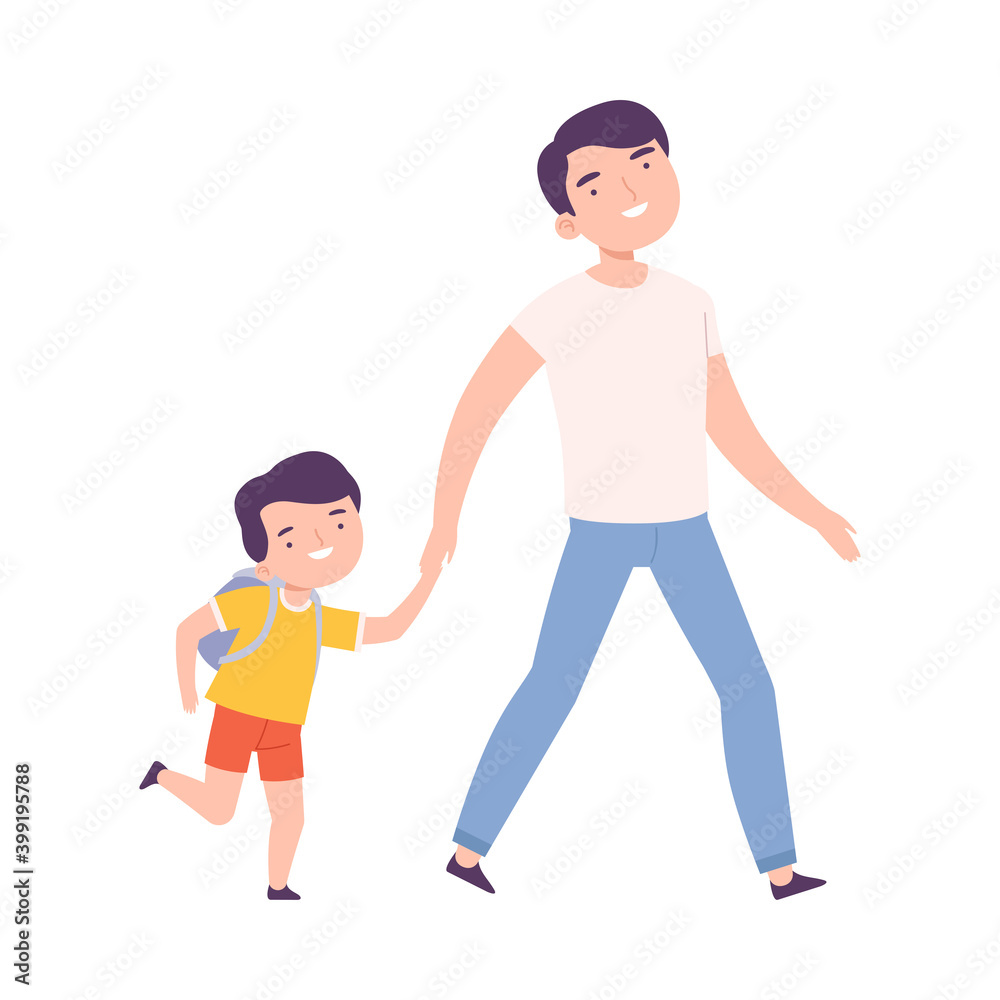 Father Accompanying his Son to the School or Kindergarten, Parent and Kid Walking Together Holding Hands Cartoon Style Vector Illustration Father Accompanying his Son to the School or Kindergarten, Parent and Kid Walking Together Holding Hands Cartoon Style Vector Illustration