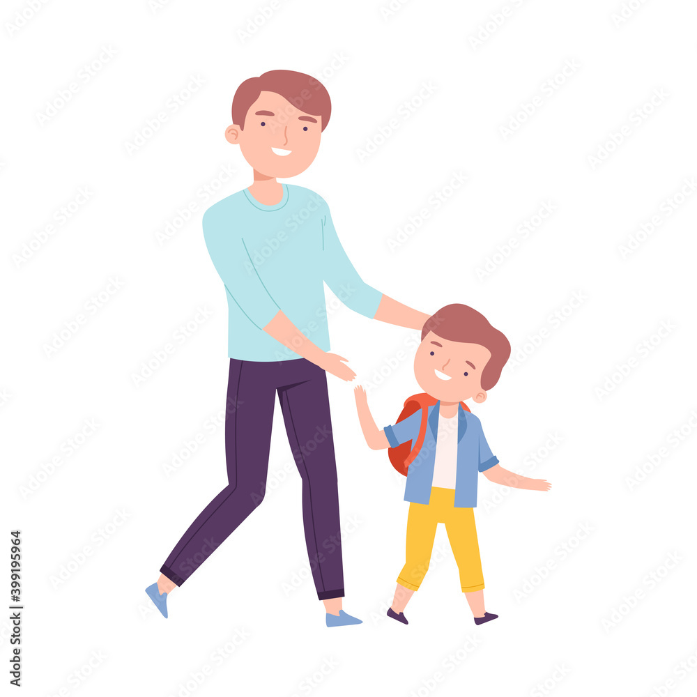 Father Accompanying his Little Son to Lesson, Parent Taking his Kid to School or Kindergarten Cartoon Style Vector Illustration
