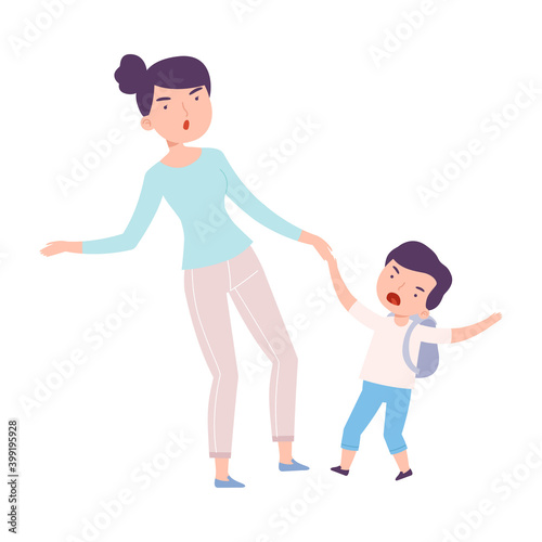 Mom Accompanying her Crying Son to School or Kindergarten, Parent Taking Upset Kid to Lesson Cartoon Style Vector Illustration