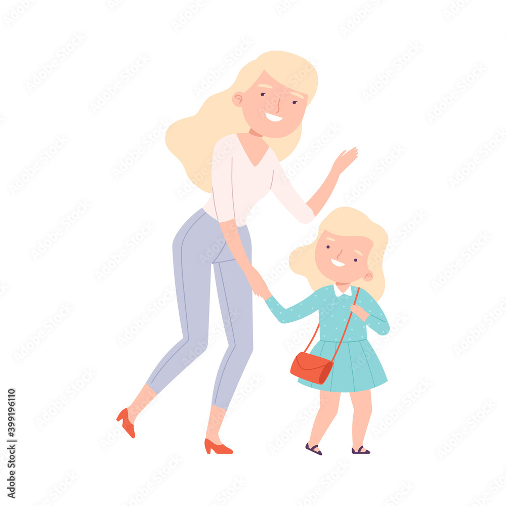 Mom Taking her Daughter to School or Kindergarten in Morning, Parent and Kid Walking Together Holding Hands Cartoon Style Vector Illustration Mom Taking her Daughter to School or Kindergarten in Morning, Parent and Kid Walking Together Holding Hands Cartoon Style Vector Illustration