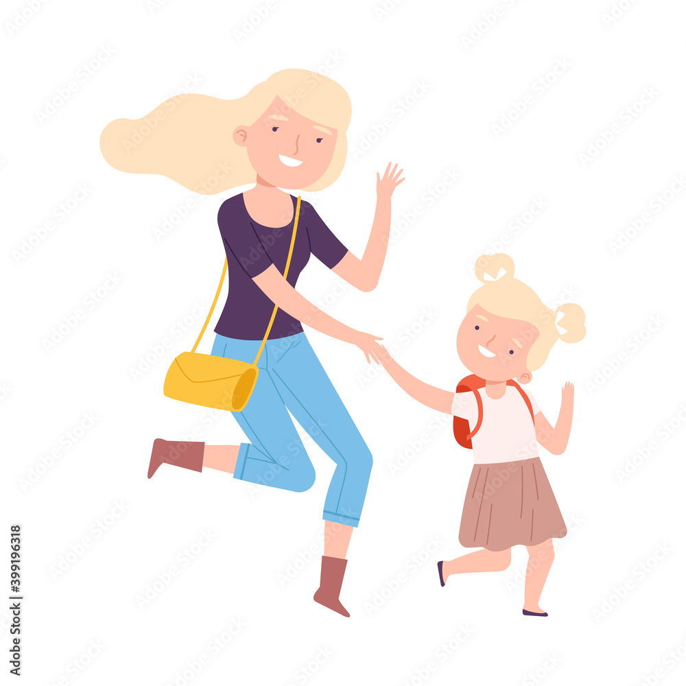 Mom Taking her Daughter to School or Kindergarten in Morning, Parent and Kid Running Late for Lessons Cartoon Style Vector Illustration Mom Taking her Daughter to School or Kindergarten in Morning, Parent and Kid Running Late for Lessons Cartoon Style Vector Illustration