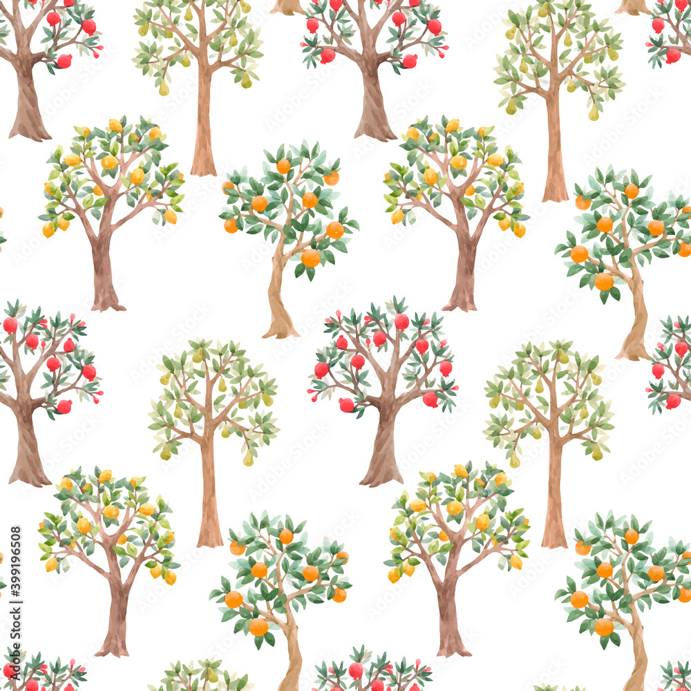 Beautiful vector seamless pattern with cute watercolor fruit trees. Stock orchard illustration.