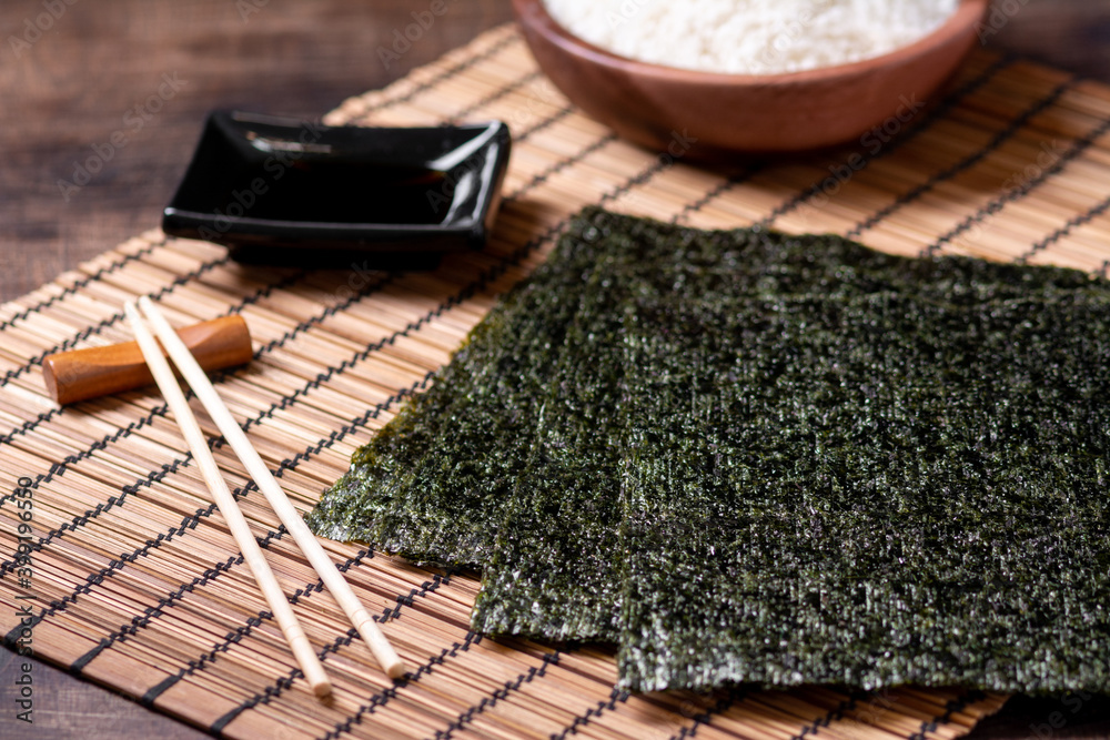 Nori leaves. Crunchy dried seaweed. Japanese traditional cuisine