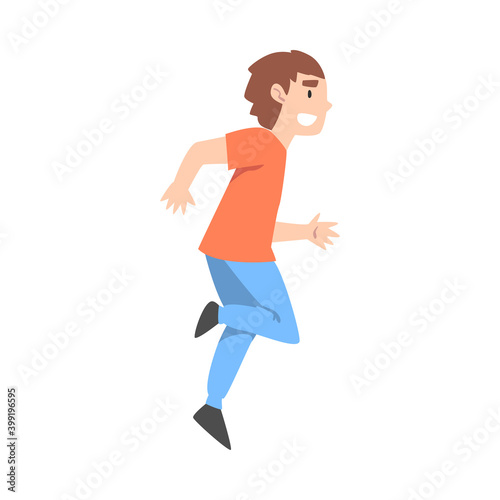 Happy Smiling Running Boy Cartoon Style Vector Illustration on White Background