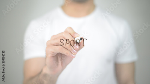 Sport, man writing on transparent screen