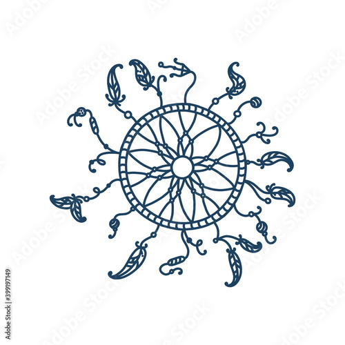 Dreamcatcher with tribal feathers. Boho dreamcatcher accessoiries. Vector illustration in doodle style