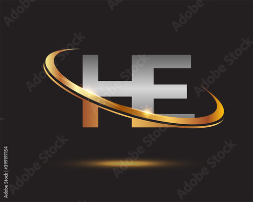initial letter HE logotype company name colored gold and silver swoosh design. isolated on black background.