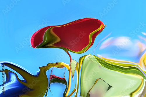 Trabajo artístico en el que un ave, un insecto y una rosa juegan soplando pompas de jabón. Fondo abstracto y de fantasía inspirado en el arte surrealista. (ID: 399197374)