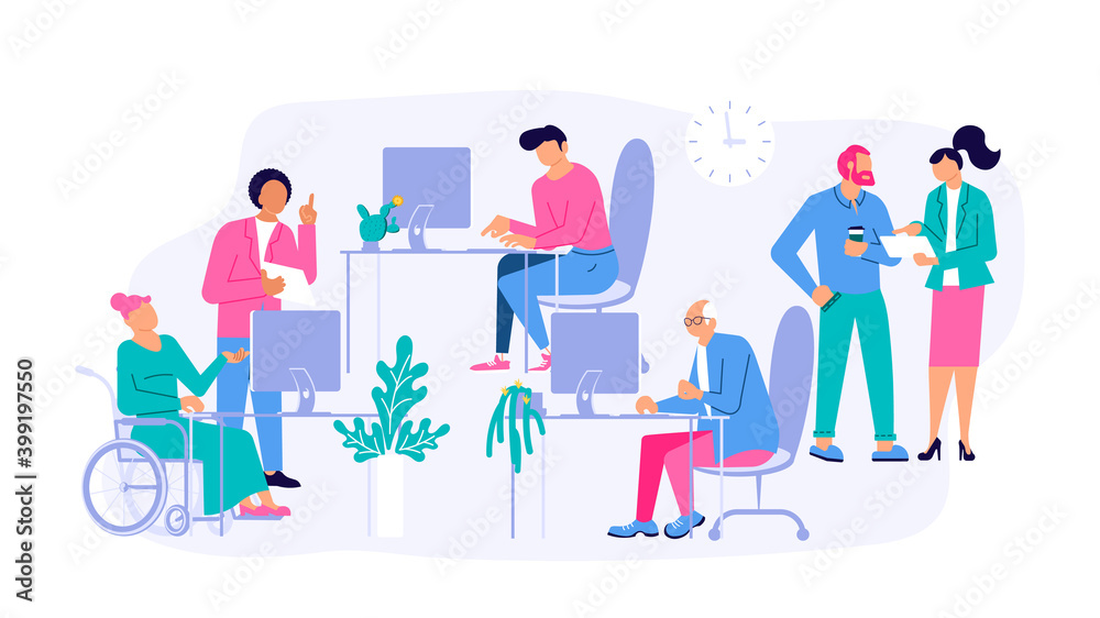 Diversity Office workers sitting on the office table and working on computers in coworking center vector concept. Colleagues or clerks at workplace on white background illustration