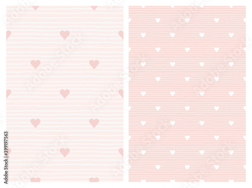 Delicate seamless pattern for baby shower or girl nursery bedroom with white and pink hearts. Pale subtle background with uneven hand-drawn lines.