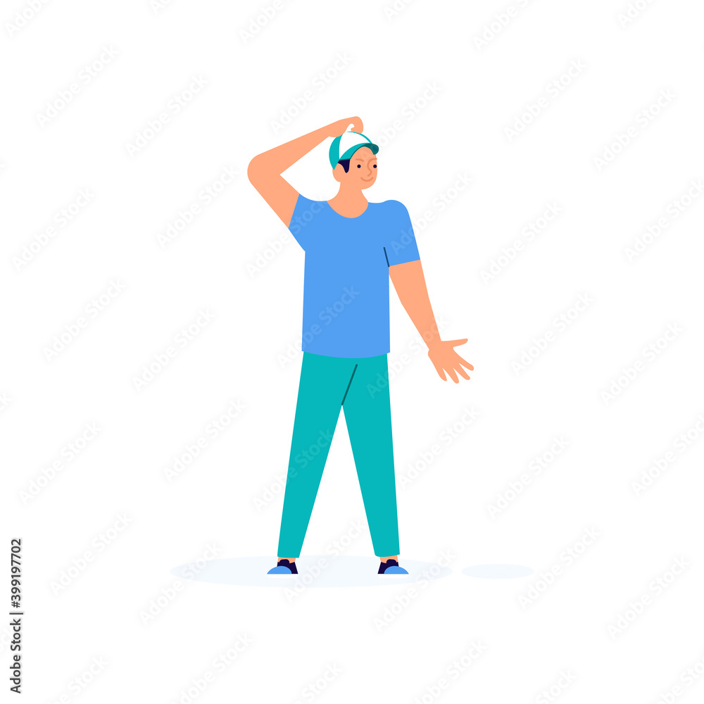 Puzzled young man throws up his hands in disbelief vector illustration. Perplexed guy showing doubt gesture. Boy wondering question answer.