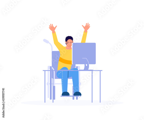 Young disabled male character in a wheelchair sitting at the office desk and throws up his hands in success. Handicapped man at workplace vector illustration