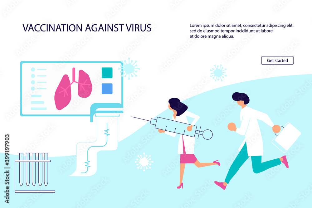 Landing webpage template of fighting new viruses. Tiny doctors carrying huge syringes to inject coronavirus vaccine. Flat Art Vector Illustration Landing webpage template of fighting new viruses. Tiny doctors carrying huge syringes to inject coronavirus vaccine. Flat Art Vector Illustration